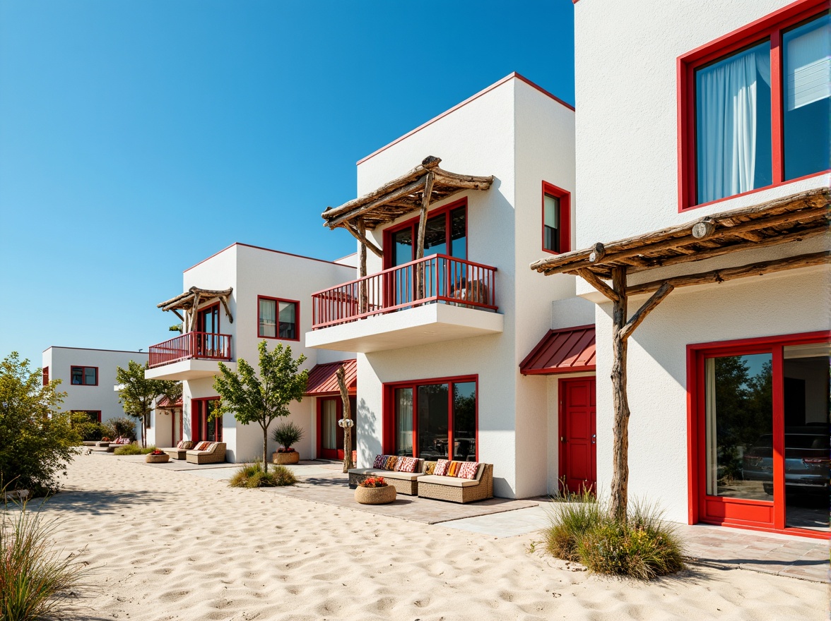 Prompt: Vibrant red accents, oceanfront buildings, nautical theme, white stucco walls, blue-green glass windows, rusty metal roofs, driftwood decorations, sandy dune surroundings, clear blue skies, warm sunny day, shallow depth of field, 1/2 composition, realistic textures, ambient occlusion.