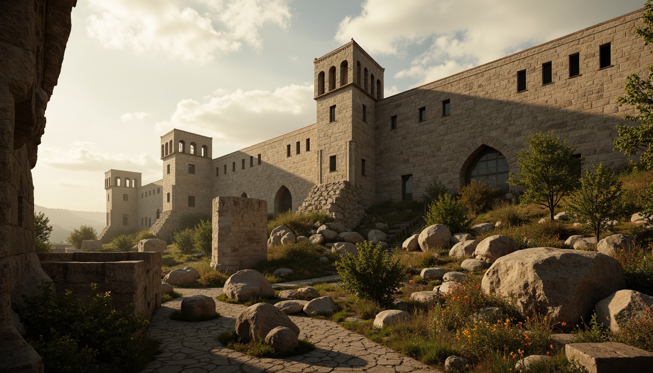 Prompt: Ancient stone castle, fortified walls, robust buttresses, ornate stonework, medieval architecture, rustic landscape, overcast skies, warm golden lighting, detailed textures, 3/4 composition, shallow depth of field, dramatic shadows.