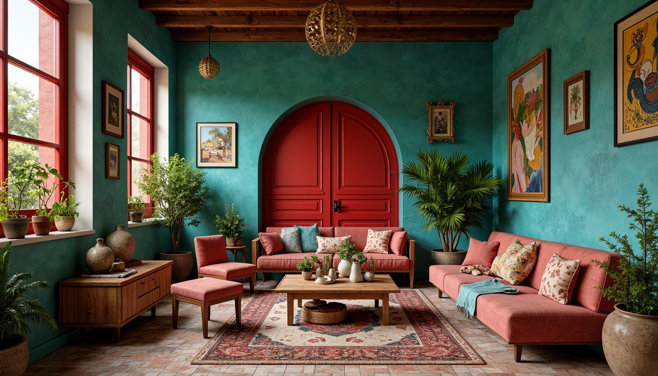 Prompt: Vibrant bohemian setting, rich turquoise walls, bold red doors, distressed wood accents, eclectic furniture, Moroccan-inspired tiles, lush greenery, warm golden lighting, soft velvet fabrics, abstract art pieces, vintage decorative items, global cultural influences, unique accessories, mix-and-match patterns, playful color blocking, bold contrasting hues, artistic expressionism, maximalist decor.