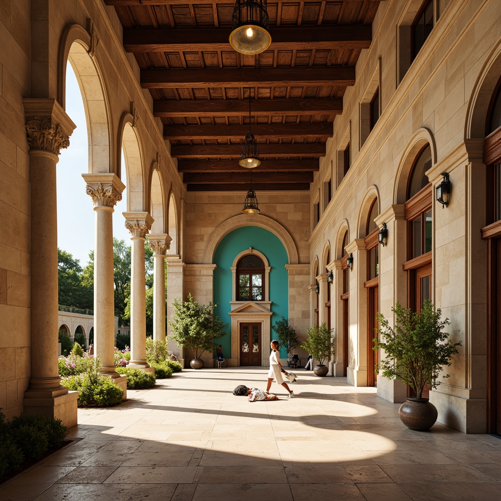 Prompt: Renaissance gymnasium, grandiose columns, ornate moldings, warm beige stone walls, rich wooden flooring, elegant archways, vibrant turquoise accents, golden lighting fixtures, dramatic ceiling heights, sprawling courtyard, lush greenery, blooming flowers, sunny afternoon, soft warm lighting, shallow depth of field, 3/4 composition, symmetrical view, realistic textures, ambient occlusion.