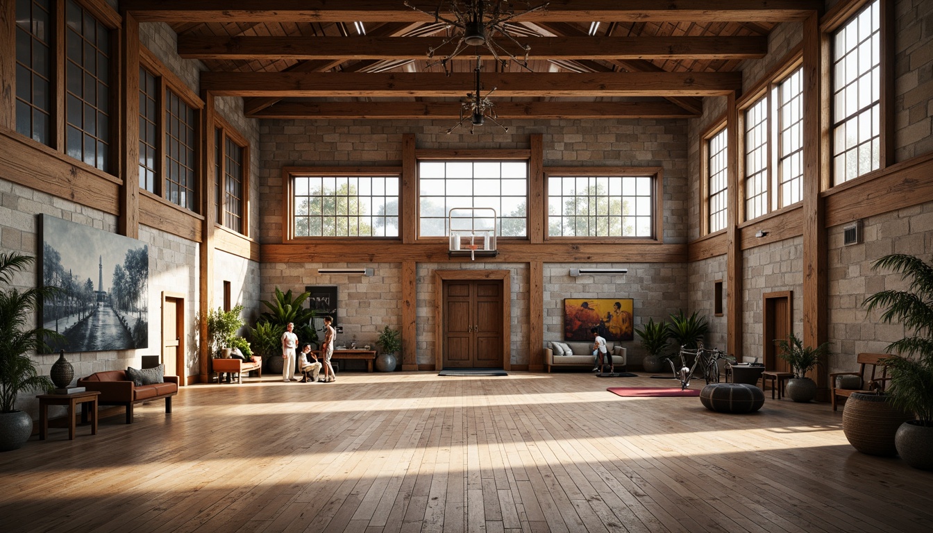 Prompt: Rustic gymnasium interior, eclectic style, natural stone walls, reclaimed wood floors, exposed wooden beams, large skylights, clerestory windows, soft diffused lighting, warm color tones, vintage athletic equipment, distressed metal accents, industrial chic decor, abstract artwork, urban loft atmosphere, dramatic shadows, high contrast ratios, 1/2 composition, cinematic angles, realistic textures, subtle ambient occlusion.