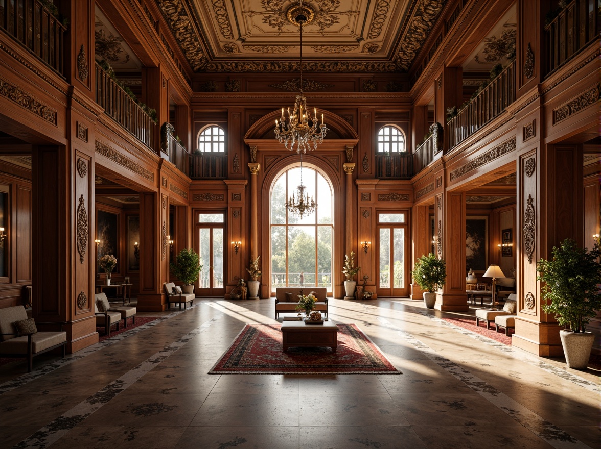 Prompt: Grand Renaissance-style mansion, ornate wooden paneling, luxurious fabrics, intricate carvings, high ceilings, large windows, natural light, symmetrical composition, harmonious proportions, elegant archways, refined moldings, sophisticated chandeliers, lavish furnishings, marble flooring, warm golden lighting, shallow depth of field, 2/3 composition, atmospheric perspective, realistic textures, ambient occlusion.