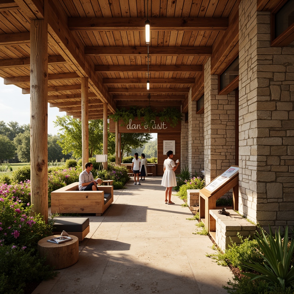 Prompt: Warm earthy tones, natural wood accents, organic textures, cozy seating areas, interactive exhibits, informative displays, rustic stone walls, wooden signage, vibrant greenery, blooming flowers, sunny day, soft warm lighting, shallow depth of field, 3/4 composition, panoramic view, realistic textures, ambient occlusion.