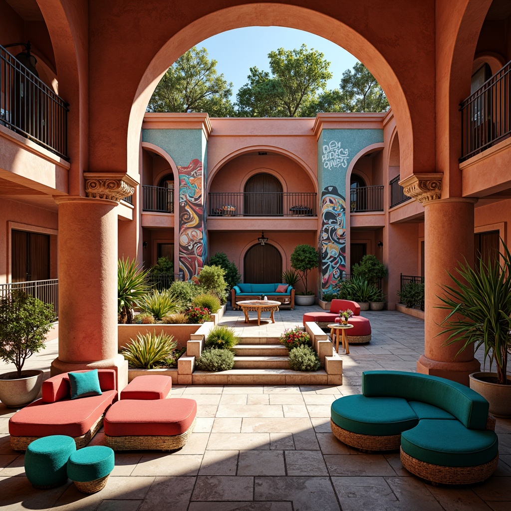 Prompt: Vibrant amphitheater, eclectic architectural style, warm terracotta walls, distressed stone columns, ornate metal railings, rich velvet drapes, bold graffiti murals, eclectic furniture pieces, plush cushions, vibrant turquoise accents, sunny afternoon light, shallow depth of field, 3/4 composition, panoramic view, realistic textures, ambient occlusion.