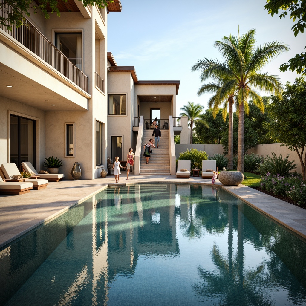 Prompt: Luxurious poolside, serene water reflections, symmetrical architecture, elegant lines, harmonious proportions, grand staircases, ornate fountains, lavish landscaping, tropical plants, vibrant flowers, sun-kissed decks, comfortable lounge chairs, refreshing misting systems, warm golden lighting, shallow depth of field, 1/1 composition, realistic textures, ambient occlusion.