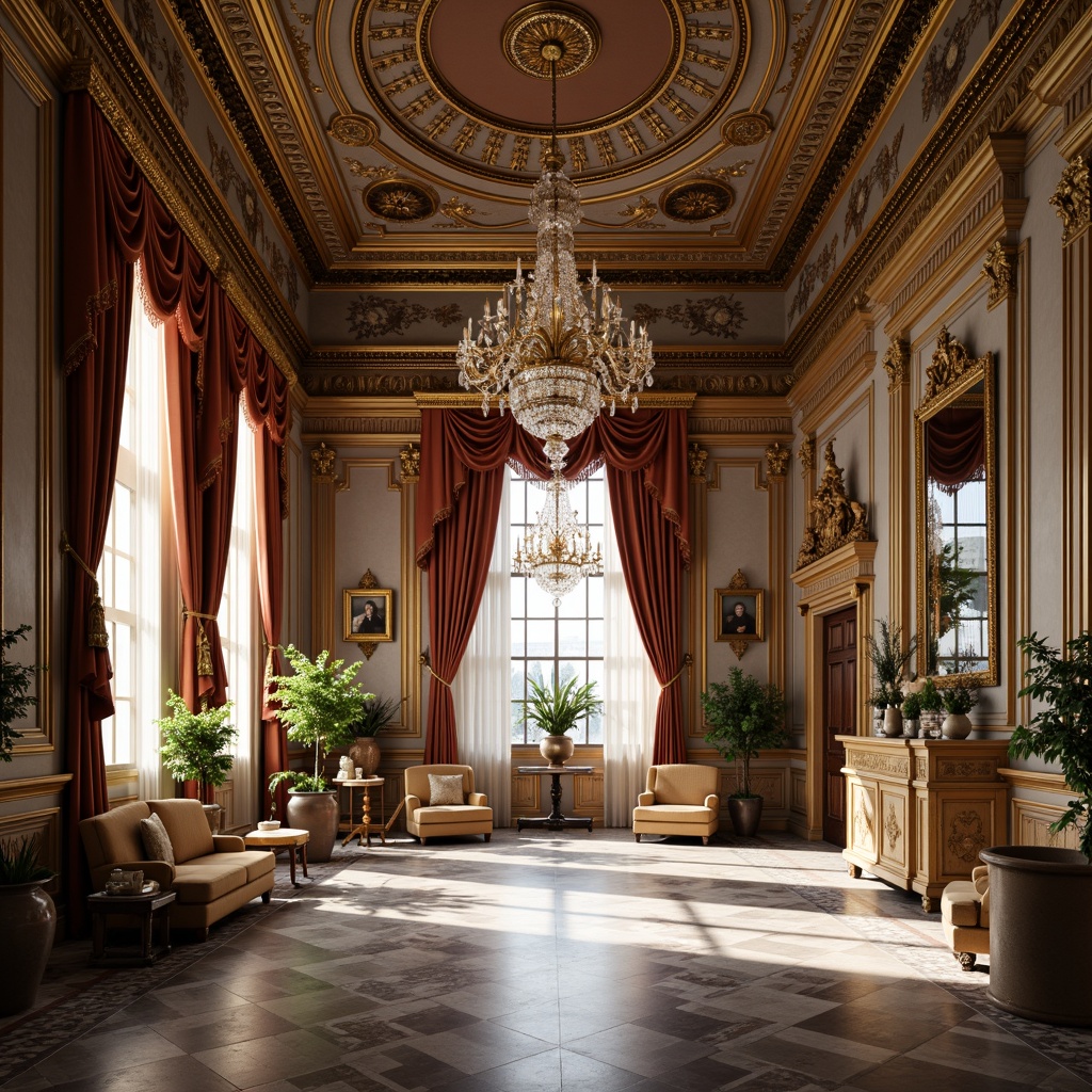 Prompt: Grand Renaissance palace, ornate chandeliers, marble floors, high ceilings, large windows, classical columns, intricate moldings, luxurious furnishings, velvet drapes, golden accents, rich wood paneling, lavish decor, symmetrical layout, harmonious proportions, natural light pouring in, soft warm glow, shallow depth of field, 1/1 composition, realistic textures, ambient occlusion.