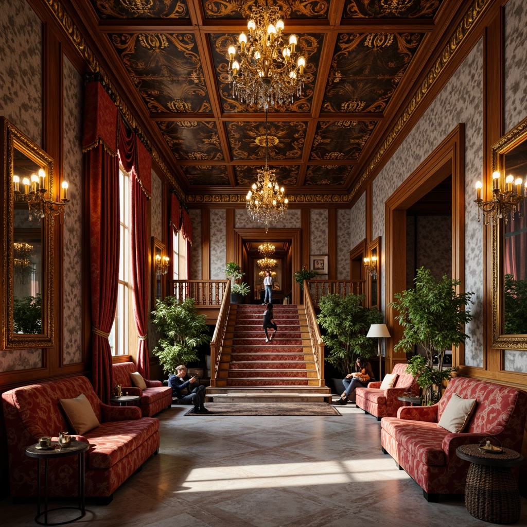 Prompt: Luxurious interior, opulent furnishings, intricately carved wooden panels, gilded frames, ornate mirrors, lavish chandeliers, velvet drapes, majestic archways, grand staircases, marble floors, rich tapestries, golden accents, elaborate moldings, Rococo-inspired patterns, dramatic lighting, warm candlelight, soft focus, shallow depth of field, 1/2 composition, vivid textures, ambient occlusion.