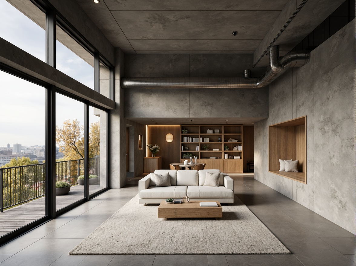 Prompt: Minimalist interior, concrete walls, steel beams, industrial pipes, wooden accents, natural stone floors, geometric shapes, clean lines, monochromatic color scheme, ample natural light, floor-to-ceiling windows, sliding glass doors, cozy reading nook, built-in shelves, minimalist decor, Scandinavian-inspired furniture, soft warm lighting, shallow depth of field, 3/4 composition, realistic textures, ambient occlusion.