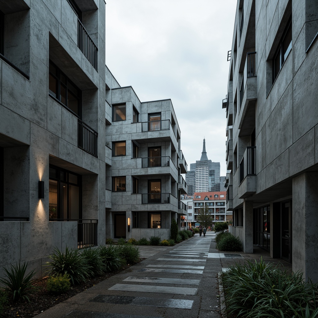 Prompt: Rugged university campus, brutalist architecture, raw concrete structures, fortress-like buildings, geometric shapes, imposing scale, dramatic shadows, harsh lighting, industrial materials, metallic accents, urban landscape, cityscape background, overcast sky, moody atmosphere, low-angle shot, 1/2 composition, high-contrast image, gritty textures, ambient occlusion.