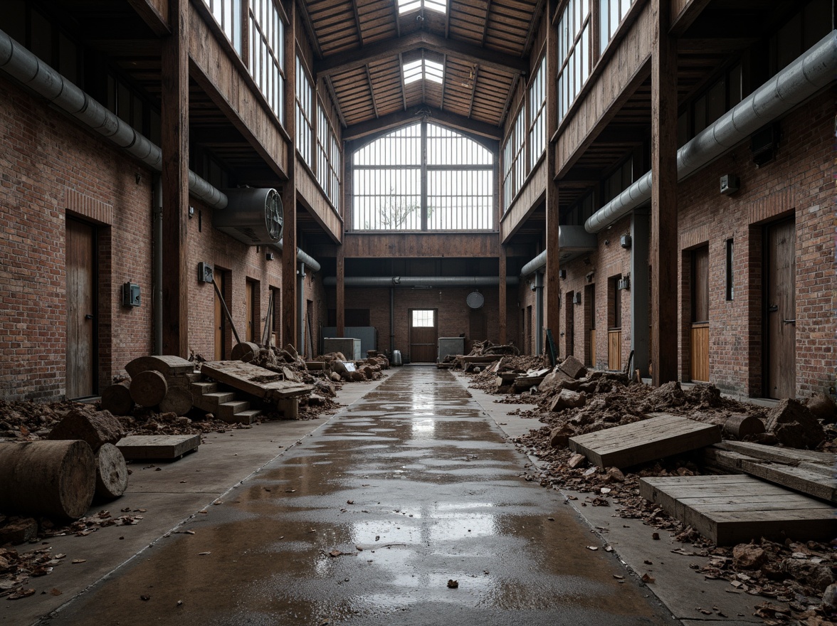 Prompt: Rustic industrial landscape, crumbling brick walls, distressed metal beams, worn concrete floors, exposed ductwork, industrial pipes, metallic textures, brutalist architecture, functional design, utilitarian aesthetic, raw materials, unfinished wood, corrugated iron sheets, reclaimed wooden planks, urban decay, abandoned factories, post-apocalyptic atmosphere, overcast sky, dramatic lighting, high contrast, 1/2 composition, cinematic mood, gritty realism.