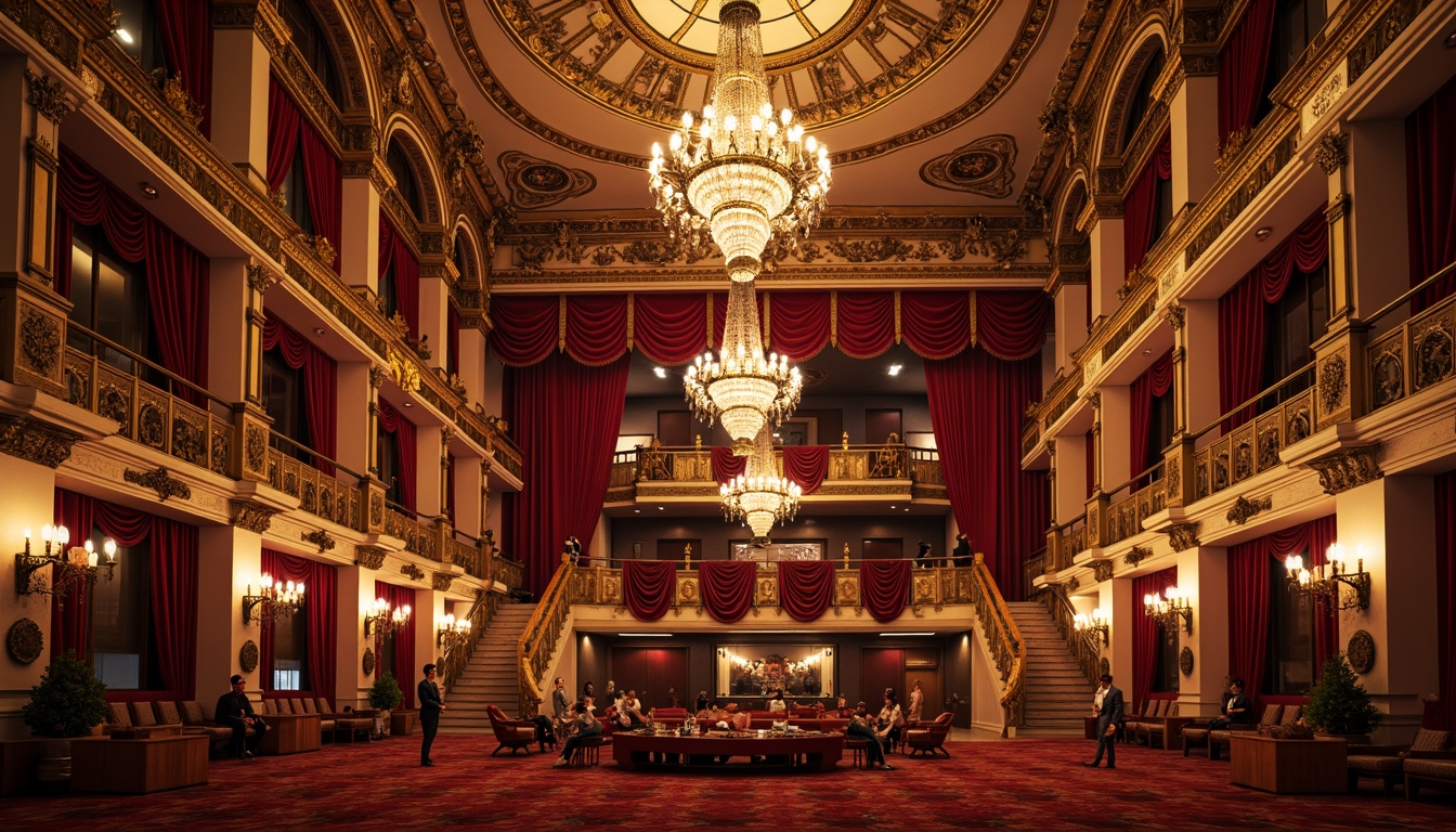 Prompt: Grand opera house interior, opulent chandeliers, rich velvet curtains, gilded ornaments, intricate moldings, marble floors, majestic staircases, ornate balconies, lavish furnishings, bold red and gold color scheme, dramatic lighting effects, warm atmospheric glow, shallow depth of field, 1/1 composition, realistic textures, ambient occlusion, grandiose architecture, Baroque-inspired details, luxurious fabrics, ornamental patterns.