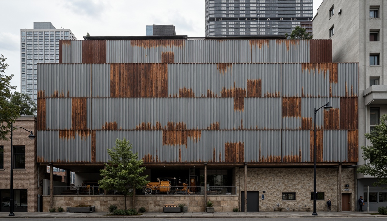 Prompt: Rugged industrial building, weathered metal facade, rusty corrugated iron sheets, worn concrete walls, distressed wood accents, peeling paint finishes, rough stone foundations, heavy-duty mechanical equipment, reinforced steel beams, exposed ductwork, urban cityscape, overcast cloudy sky, soft diffused lighting, shallow depth of field, 1/1 composition, realistic textures, ambient occlusion.