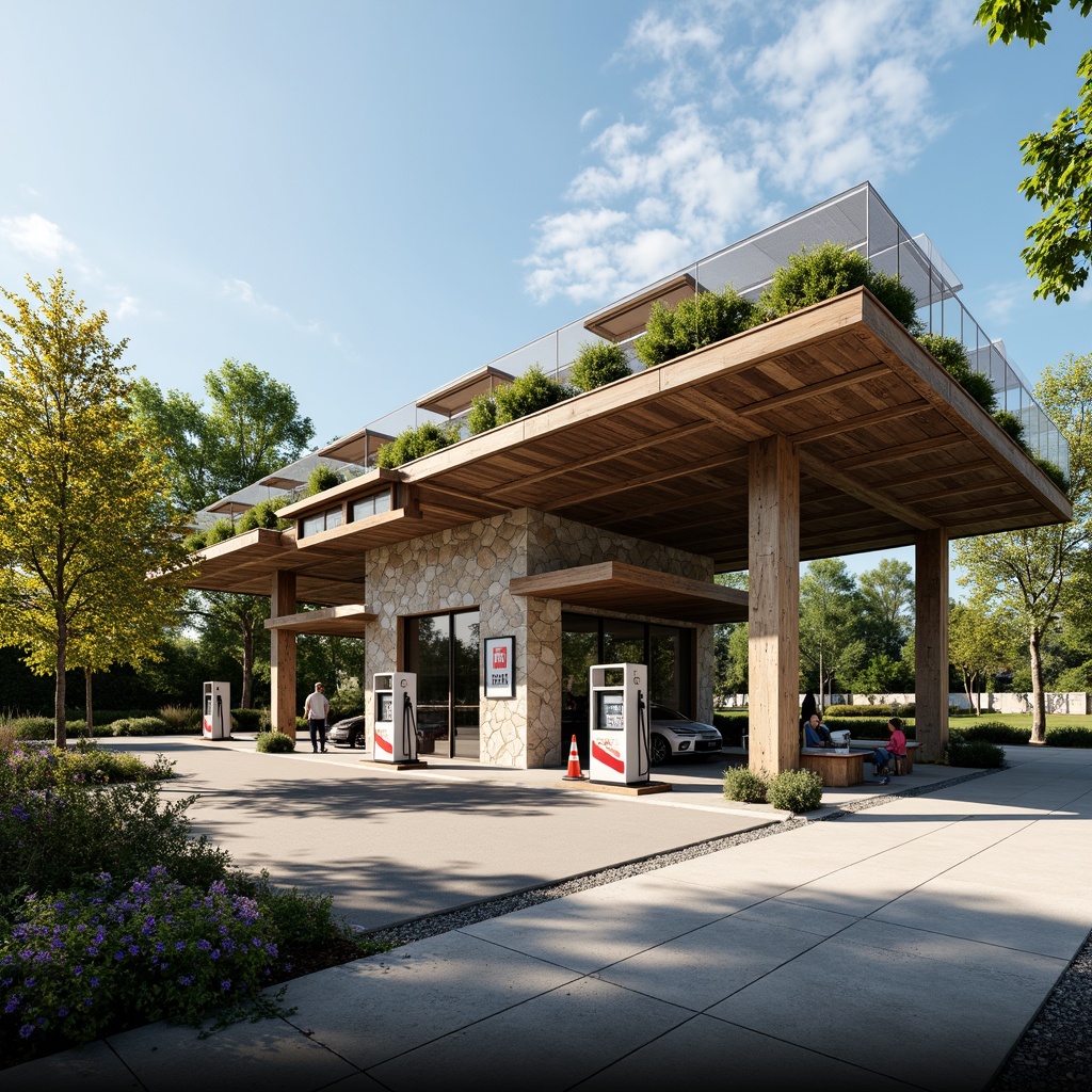 Prompt: Rustic gas station, natural stone walls, lush green roofs, solar panels, wind turbines, eco-friendly fueling systems, modern minimalist architecture, angular lines, sleek metal canopies, shaded outdoor spaces, misting systems, vibrant colorful signage, intricate geometric patterns, blooming flowers, trees, sunny day, soft warm lighting, shallow depth of field, 3/4 composition, panoramic view, realistic textures, ambient occlusion.