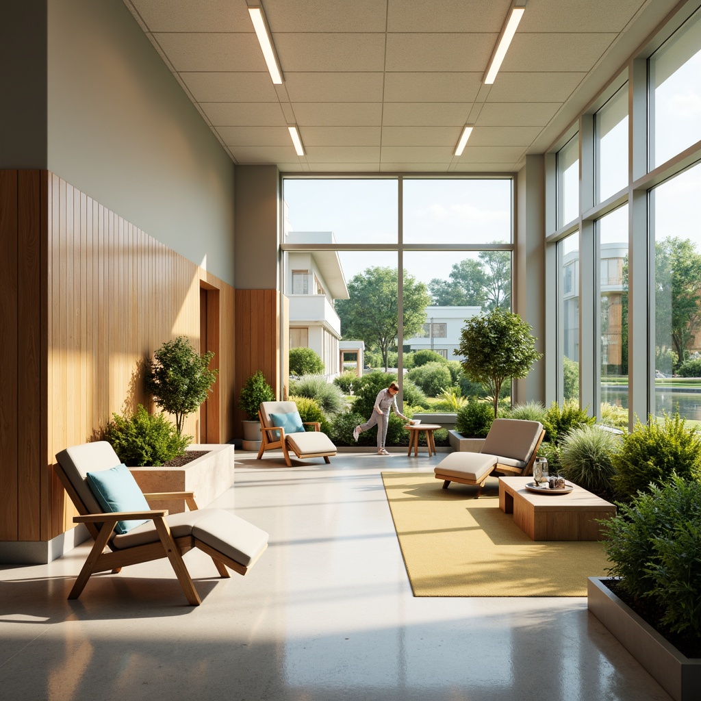 Prompt: Calming rehabilitation center, soothing color scheme, soft pastel hues, gentle earth tones, natural wood accents, comfortable seating areas, warm beige walls, calming blue undertones, uplifting yellow highlights, refreshing greenery, lush indoor plants, large windows, abundant natural light, peaceful atmosphere, serene ambiance, harmonious decor, adaptive accessibility features, modern medical equipment, supportive care facilities, tranquil outdoor spaces, gentle water features, soft music background, 1/1 composition, warm soft lighting, shallow depth of field.