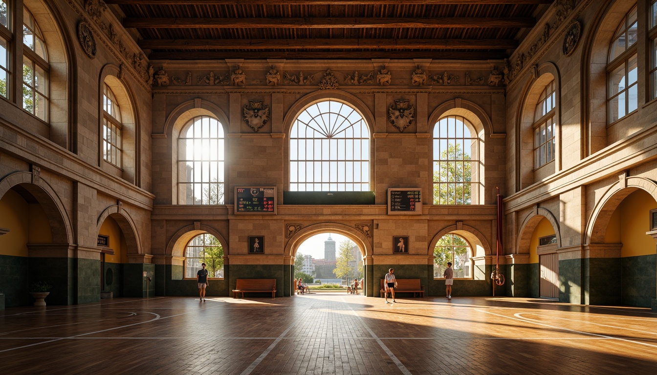 Prompt: Renaissance-style gymnasium, grand arched entrances, ornate stone carvings, classical columns, symmetrical facades, high ceilings, large windows, natural light pouring in, wooden flooring, athletic equipment, basketball hoops, tennis courts, running tracks, scoreboard displays, vintage athletic wear, nostalgic atmosphere, warm golden lighting, shallow depth of field, 1/1 composition, realistic textures, ambient occlusion.