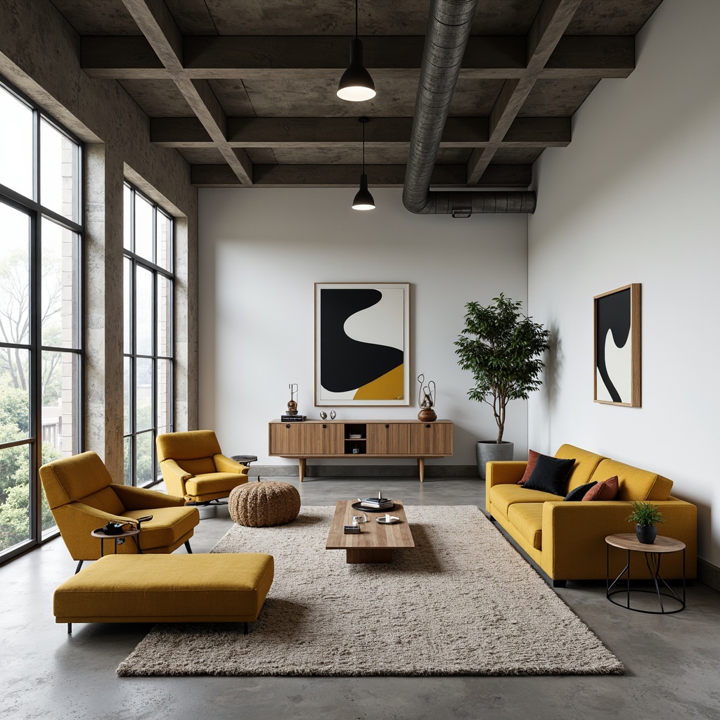 Prompt: Minimalist living room, industrial chic furniture, bold color blocking, geometric patterns, functional decor, steel pipes, concrete floors, industrial windows, minimalist lighting fixtures, abstract artwork, sparse greenery, modern sculptures, low-profile sofas, sleek coffee tables, metal side tables, monochromatic color scheme, high-contrast textures, 1/1 composition, softbox lighting, ambient occlusion.