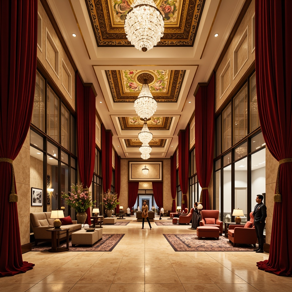 Prompt: Luxurious hotel lobby, rich velvet drapes, ornate golden accents, lavish crystal chandeliers, warm beige marble floors, intricate fresco ceilings, elegant wooden furnishings, plush crimson armchairs, opulent bronze statues, lavish flower arrangements, soft warm lighting, shallow depth of field, 3/4 composition, panoramic view, realistic textures, ambient occlusion.