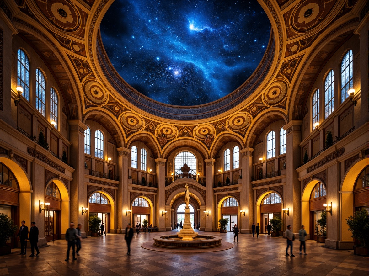 Prompt: Celestial planetarium, Romanesque architecture, warm golden lighting, rich jewel tones, midnight blue ceiling, starry night sky, intricate stone carvings, ornate frescoes, grandiose archways, majestic domes, luminous stained glass windows, subtle gradient effects, soft focus, atmospheric perspective, 1/1 composition, cinematic mood, realistic materials, ambient occlusion.