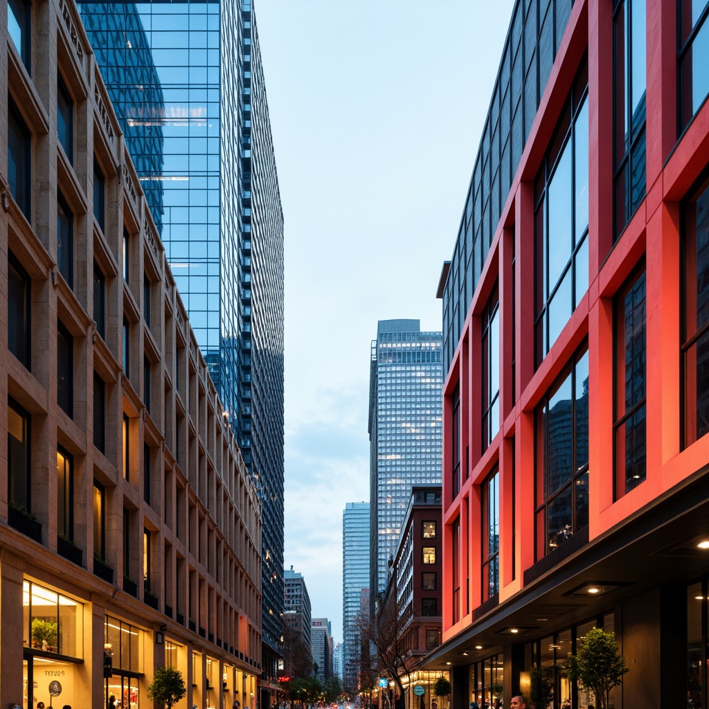 Prompt: Vibrant cityscape, urban skyscrapers, reflective glass facades, bold color blocking, contrasting hues, harmonious palettes, warm beige tones, cool blue accents, neutral background, pop of bright coral, rich wood textures, metallic sheens, dynamic lighting effects, dramatic shadows, atmospheric perspective, 1/2 composition, low-angle shot, cinematic mood, high-contrast ratios, moody ambiance.