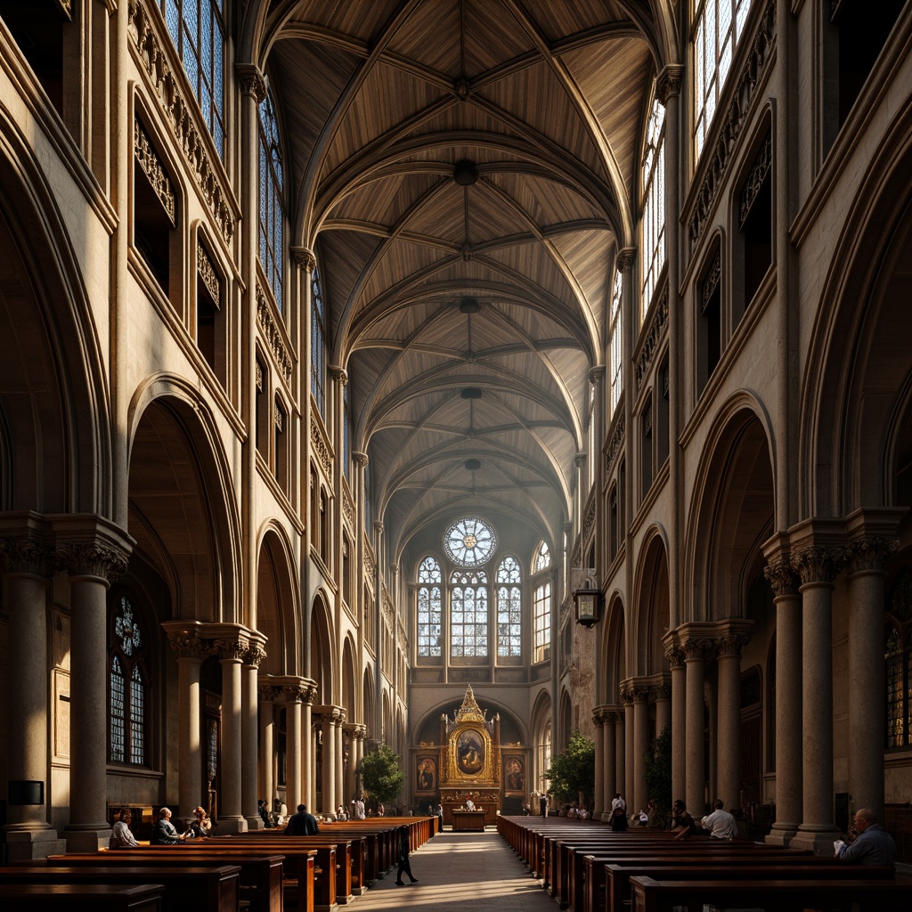 Prompt: Intricate stone carvings, grandiose vaulted ceilings, stunning stained glass windows, ornate gargoyles, delicate tracery, ribbed arches, flying buttresses, majestic rose windows, intricate column capitals, lavish pinnacles, somber nave atmosphere, dramatic lighting, warm golden tones, mysterious shadows, 3/4 composition, low-angle shot, high contrast ratio, atmospheric fog effect.