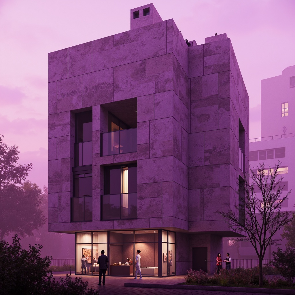 Prompt: Monolithic brutalist building, orchid-inspired color scheme, rich purple hues, deep pink undertones, bold concrete textures, rugged stone walls, industrial metal accents, minimalist windows, dramatic shadows, atmospheric misting, warm golden lighting, 1/1 composition, realistic render, ambient occlusion.