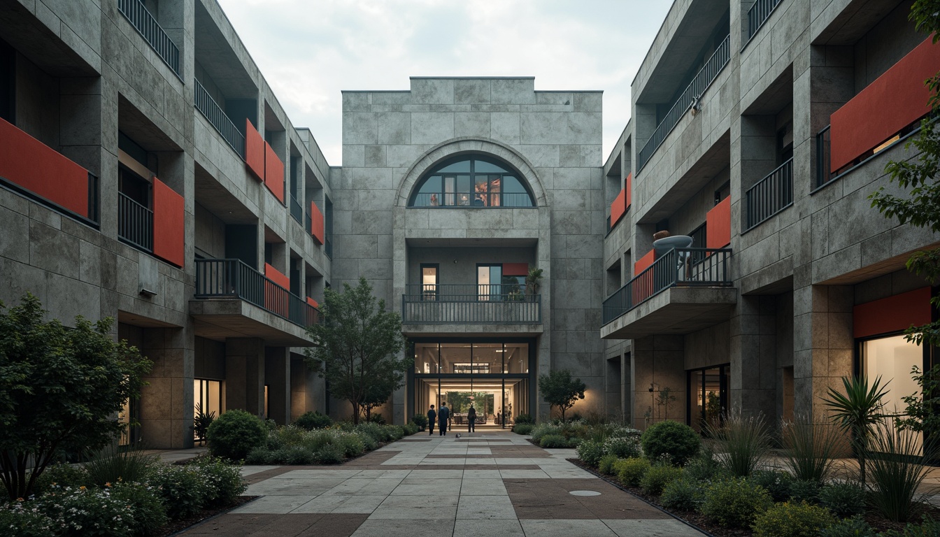 Prompt: Rugged university campus, brutalist architecture, exposed concrete structures, fortress-like buildings, angular lines, dramatic cantilevers, raw unfinished textures, monumental scale, imposing fa\u00e7ades, asymmetrical compositions, harsh industrial lighting, overcast skies, moody atmospheric conditions, abstract geometric patterns, bold color accents, distressed metal details, weathered stone walls, monumental staircases, cavernous interior spaces, dramatic archways, intense contrasts, high-contrast lighting, 2.35 cinematography, gritty realistic rendering.