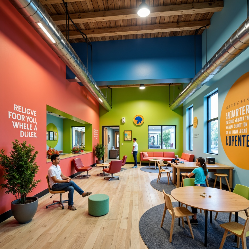 Prompt: Vibrant youth center, energetic atmosphere, playful color scheme, bright coral walls, lime green accents, sky blue ceilings, natural wood tones, industrial metal beams, modern minimalist furniture, bold graphic patterns, inspirational quotes, collaborative workspaces, flexible seating areas, dynamic lighting systems, soft warm glow, shallow depth of field, 3/4 composition, realistic textures, ambient occlusion.