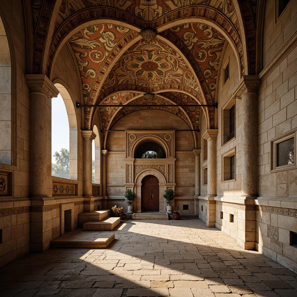 Prompt: Ancient Byzantine church, ornate stone carvings, intricately patterned mosaics, arched windows, domed rooflines, rustic brick facades, worn stone walls, decorative pilasters, ornamental capitals, vaulted ceilings, richly textured stonework, warm golden lighting, shallow depth of field, 1/1 composition, realistic textures, ambient occlusion.