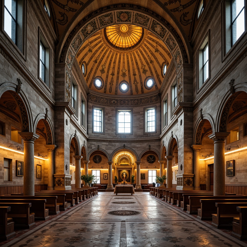 Prompt: Ancient Byzantine church, ornate stone carvings, intricate mosaics, golden domes, rustic brick facades, arched windows, ornamental columns, marble floors, vaulted ceilings, rich textiles, warm candlelight, soft shadows, 3/4 composition, symmetrical framing, shallow depth of field, realistic textures, ambient occlusion.