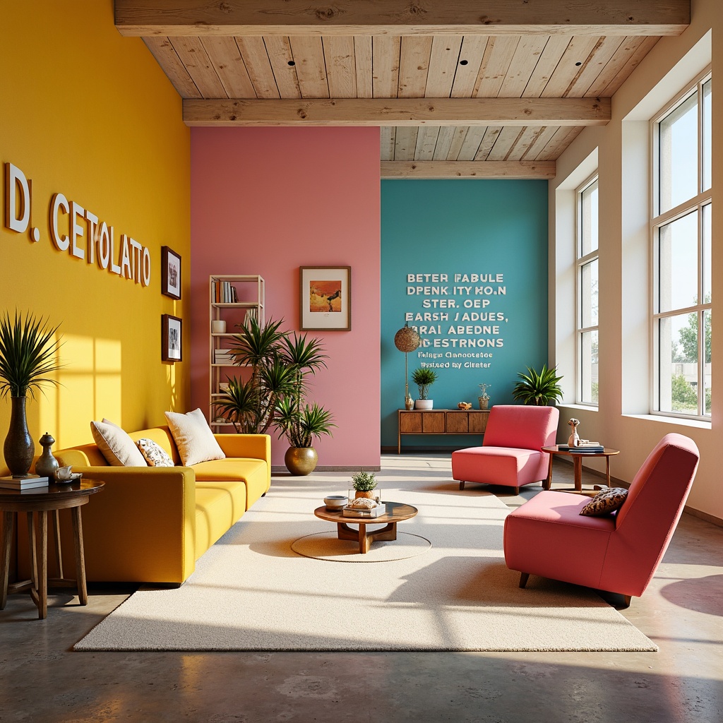 Prompt: Vibrant artistic studio, eclectic furniture, bold typography, bright accent walls, pastel color schemes, creamy textures, natural light pouring in, warm atmosphere, softbox lighting, 2/3 composition, symmetrical balance, high contrast colors, futuristic design elements, metallic accents, glass tables, minimalist decor.