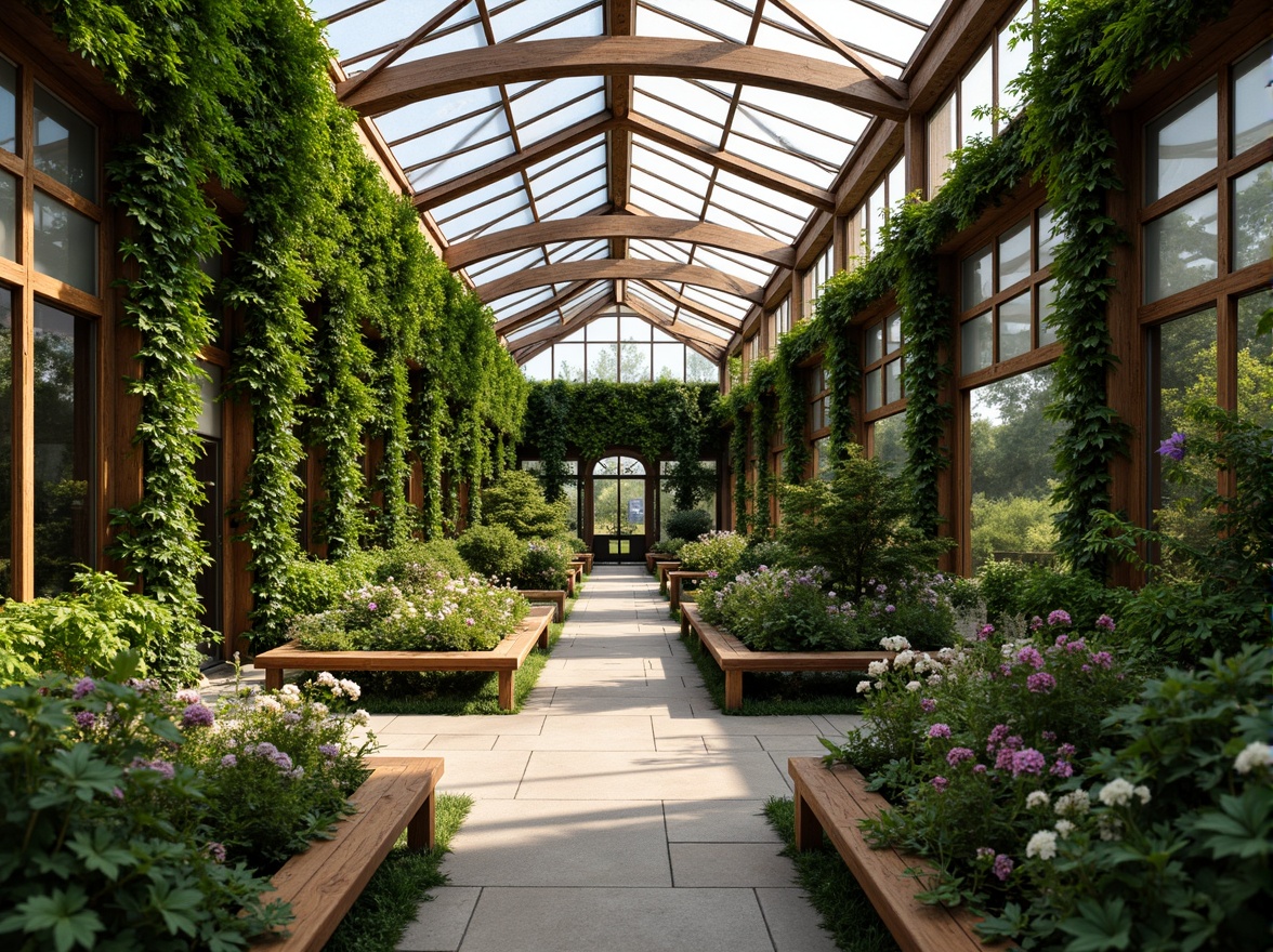 Prompt: Lush greenhouse, academic architectural style, ivy-covered walls, wooden trellises, rustic stone pathways, vibrant greenery, blooming flowers, educational signs, botanical gardens, natural wood benches, modern glass roofs, steel frames, warm lighting, shallow depth of field, 3/4 composition, panoramic view, realistic textures, ambient occlusion, serene atmosphere, soft music, gentle water features.