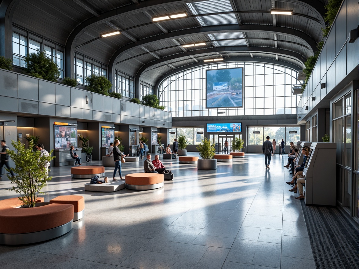 Prompt: Modern train station interior, high ceilings, sleek metallic columns, spacious open areas, minimalist design, clean lines, industrial chic aesthetic, functional lighting systems, large digital displays, electronic ticketing machines, comfortable seating areas, polished marble floors, stainless steel accents, geometric patterns, vibrant color schemes, bustling atmosphere, natural light pouring in, shallow depth of field, 1/2 composition, realistic textures, ambient occlusion.