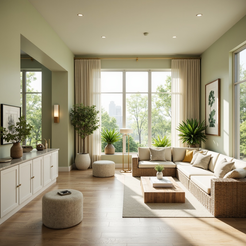 Prompt: Soft pale green walls, creamy white accents, warm beige furniture, natural wood textures, delicate botanical patterns, elegant marble countertops, subtle gold metallic details, airy open spaces, abundant natural light, gentle warm ambiance, shallow depth of field, 1/1 composition, realistic renderings, ambient occlusion.