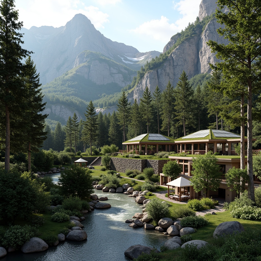 Prompt: Mountainous backdrop, lush forests, winding rivers, rustic stone walls, wooden bridges, modern architecture, green roofs, solar panels, natural ventilation systems, open floor plans, floor-to-ceiling windows, sliding glass doors, minimalist interior design, earthy color palette, organic textures, ambient lighting, soft focus, 1/1 composition, atmospheric perspective, realistic water effects.