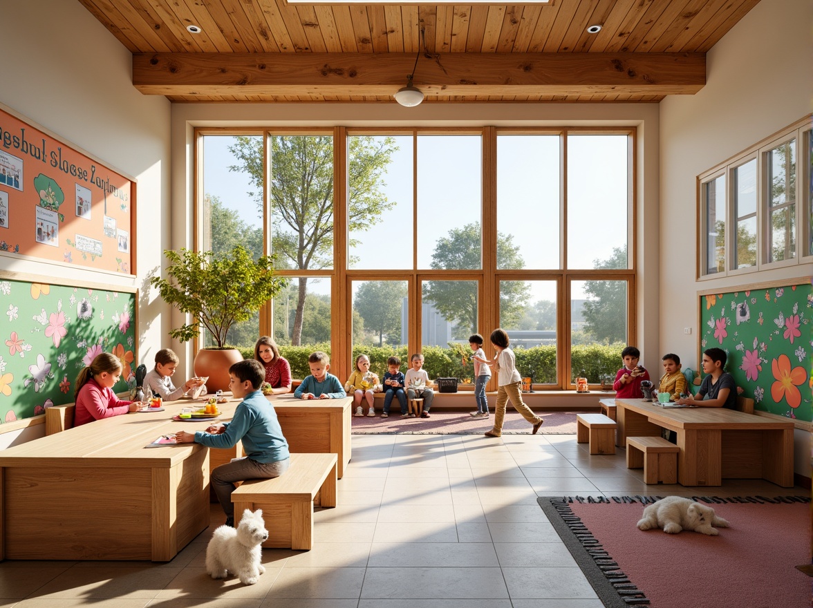 Prompt: Vibrant elementary school, large windows, natural light, wooden frames, double glazing, thermal insulation, energy efficiency, sustainable materials, educational decorations, colorful curtains, playful wallpaper, cozy reading nooks, collaborative learning spaces, flexible seating arrangements, soft warm lighting, shallow depth of field, 3/4 composition, panoramic view, realistic textures, ambient occlusion.