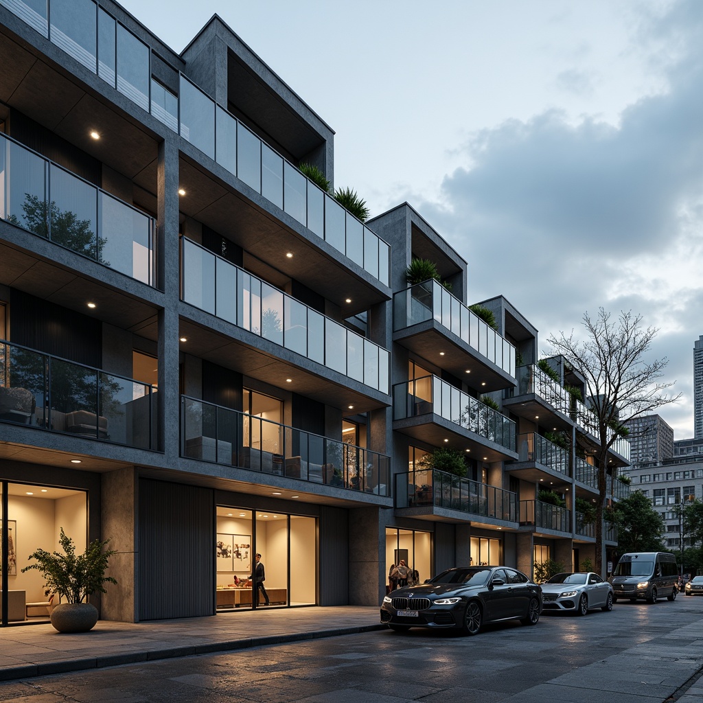 Prompt: Rugged apartment complex, brutalist architecture, polycarbonate facade, transparent glass walls, industrial metal beams, exposed ductwork, raw concrete floors, minimalist decor, functional spaces, urban cityscape, gray cloudy sky, dramatic shadows, high-contrast lighting, 1/1 composition, symmetrical framing, realistic materials, ambient occlusion.