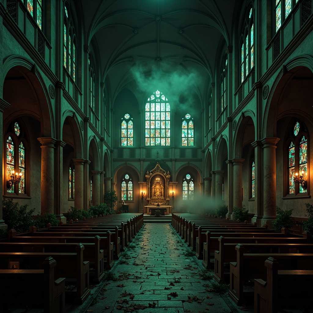 Prompt: Dark mysterious atmosphere, eerie abandoned church, crumbling stone walls, stained glass windows, ornate wooden pews, lavish velvet drapes, mystical candlelit ambiance, dramatic shadows, rich jewel-toned colors, emerald green, crimson red, midnight blue, golden accents, intricate Gothic arches, pointed ribbed vaults, flying buttresses, mystical symbols, eerie fog, moonlit night, soft misty lighting, cinematic composition, high contrast ratio, detailed textures, ambient occlusion.