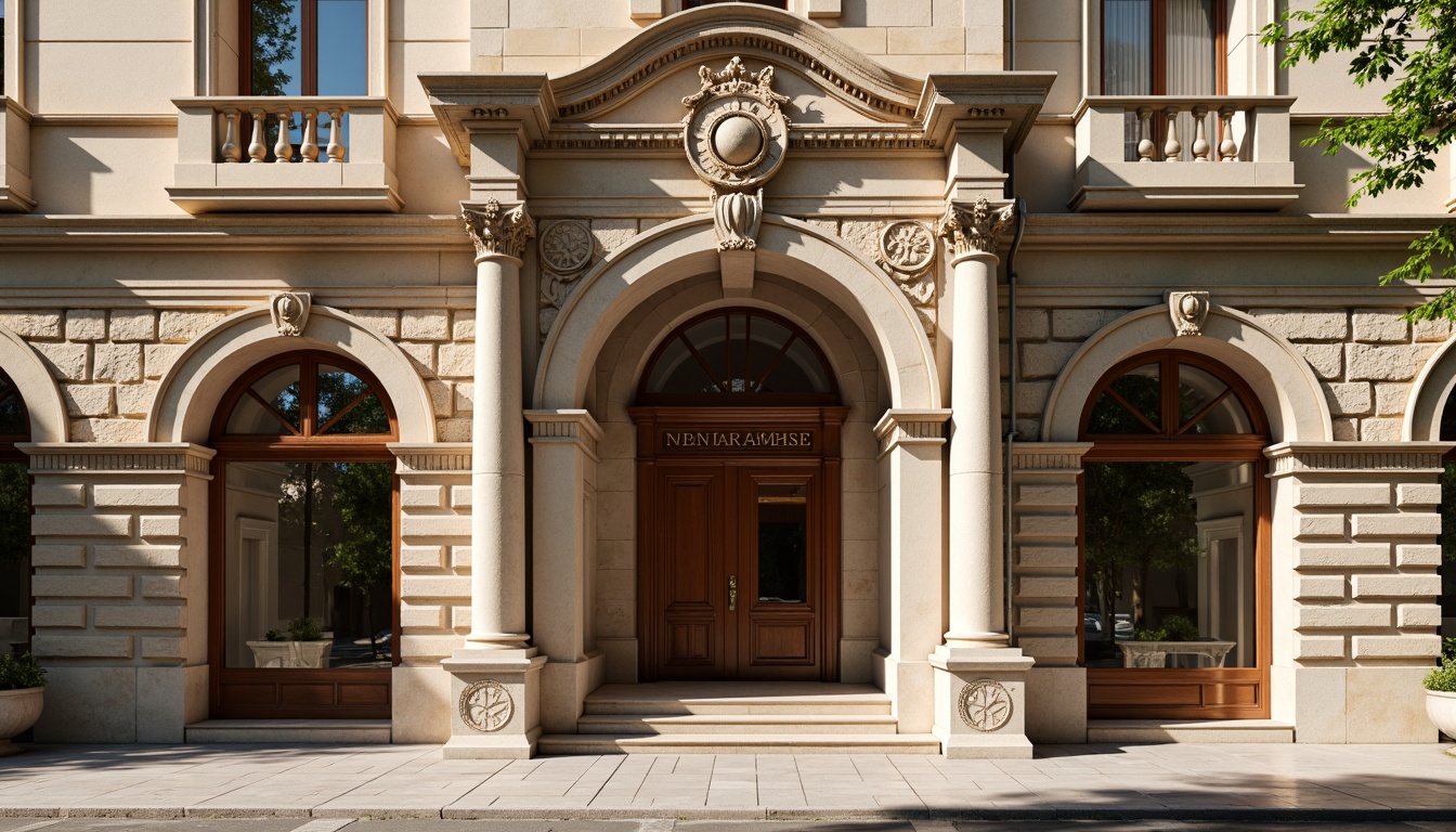 Prompt: Ornate bank facade, classical Renaissance-style architecture, grand entrance archways, ornamental columns, intricate stone carvings, symmetrical composition, rusticated base, arched windows, decorative balconies, richly textured stone walls, subtle cornice details, warm beige color scheme, elegant proportions, refined molding profiles, soft natural light, shallow depth of field, 2/3 composition, realistic textures, ambient occlusion.