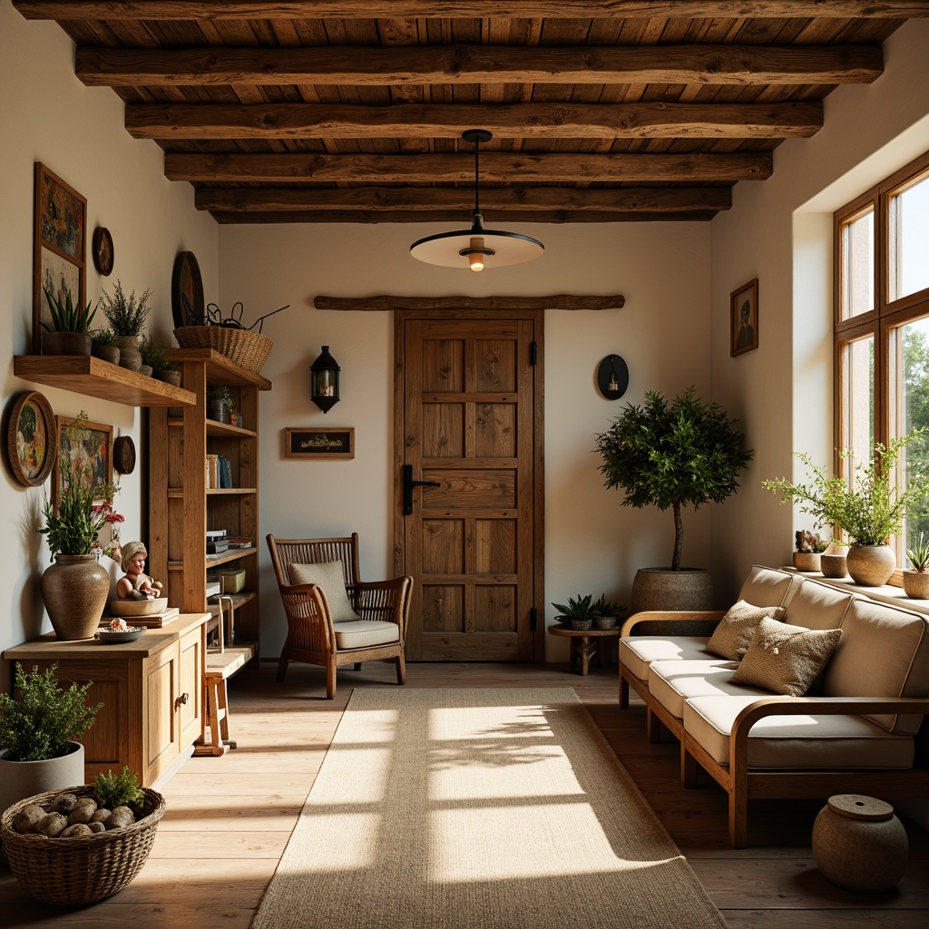 Prompt: Rustic farmhouse interior, earthy color palette, warm beige walls, distressed wood accents, vintage metal fixtures, eclectic decorative items, antique furniture pieces, natural linen fabrics, woven baskets, potted plants, soft candlelight, 1/1 composition, shallow depth of field, warm golden lighting, realistic textures, ambient occlusion.