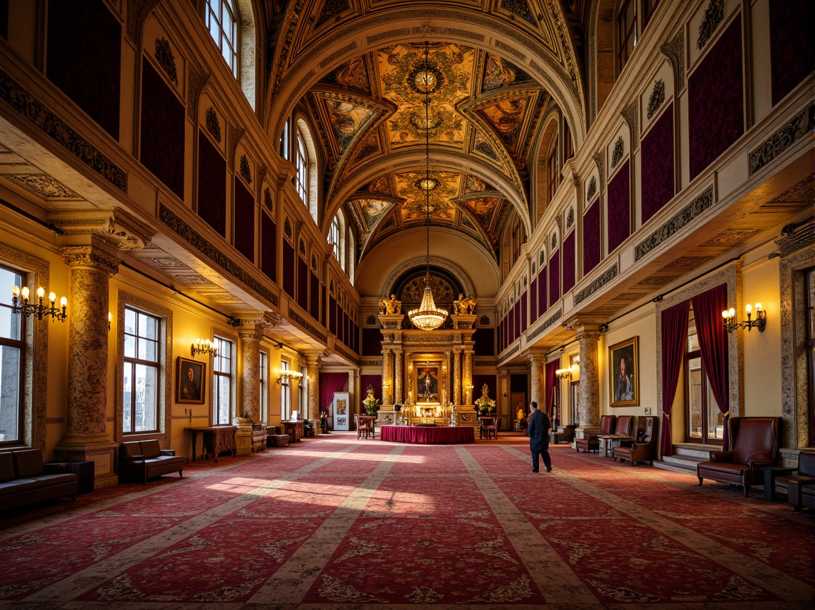 Prompt: \Golden mosaics, rich jewel tones, ornate details, intricate patterns, luxurious fabrics, majestic arches, grandiose domes, regal purple accents, opulent gold leafing, warm candlelight, soft focus, shallow depth of field, 2/3 composition, atmospheric perspective, realistic textures, ambient occlusion, mystical ambiance.\