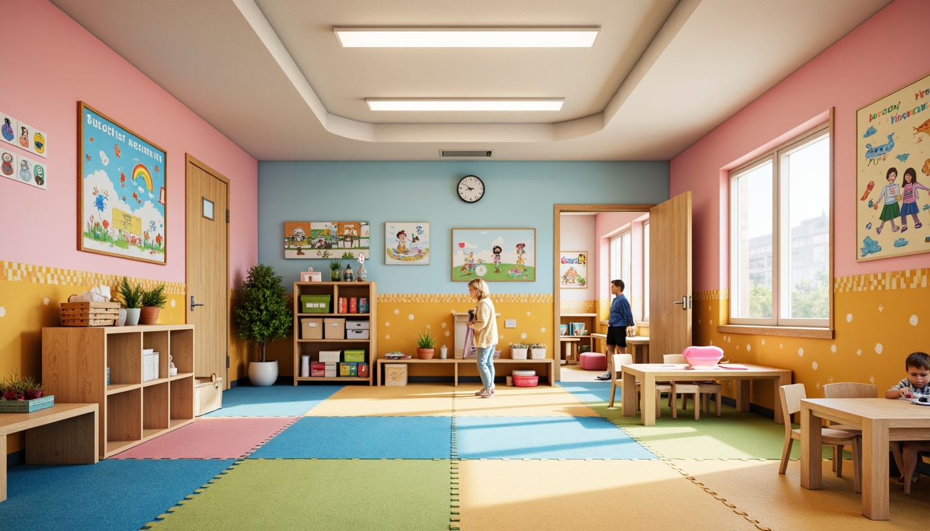 Prompt: Vibrant kindergarten classroom, bright primary colors, pastel hues, soft peach tones, playful polka dots, whimsical stripes, educational posters, child-friendly furniture, rounded corners, safety-first design, natural wood accents, cozy reading nooks, interactive whiteboards, stimulating wall decals, cheerful floor mats, warm overhead lighting, gentle color transitions, inviting entranceways, imaginative play areas, collaborative learning spaces, creative art stations.