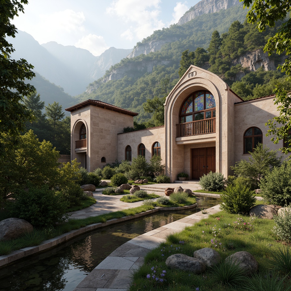 Prompt: Serene monastery, lush greenery, gentle water features, peaceful gardens, intricately carved stone walls, grand arches, ornate domes, vibrant stained glass windows, rustic wooden doors, natural stone pathways, meandering streams, misty mountains, soft warm lighting, shallow depth of field, 3/4 composition, panoramic view, realistic textures, ambient occlusion.