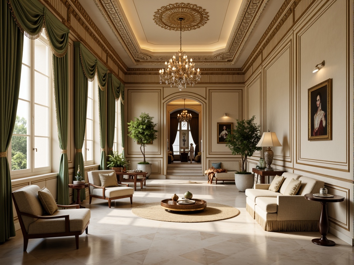 Prompt: Elegant neoclassical interior, ornate moldings, luxurious fabrics, rich wood tones, soft golden lighting, creamy marble floors, velvety smooth textures, subtle earthy hues, muted sage greens, warm beige backgrounds, refined ivory accents, sophisticated bronze details, intricate patterns, ornamental ceiling designs, lavish chandeliers, opulent crystal fixtures.