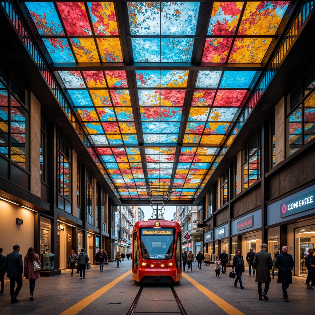 Prompt: Vibrant tram station, colored glass fa\u00e7ade, geometric patterns, stained glass ceilings, iridescent lighting effects, modern industrial architecture, steel beams, concrete floors, urban cityscape, busy streets, rush hour atmosphere, natural light pouring in, warm color tones, LED signage, dynamic advertising displays, futuristic feel, abstract art installations, asymmetrical composition, high-angle shot, shallow depth of field, 1/2 composition.