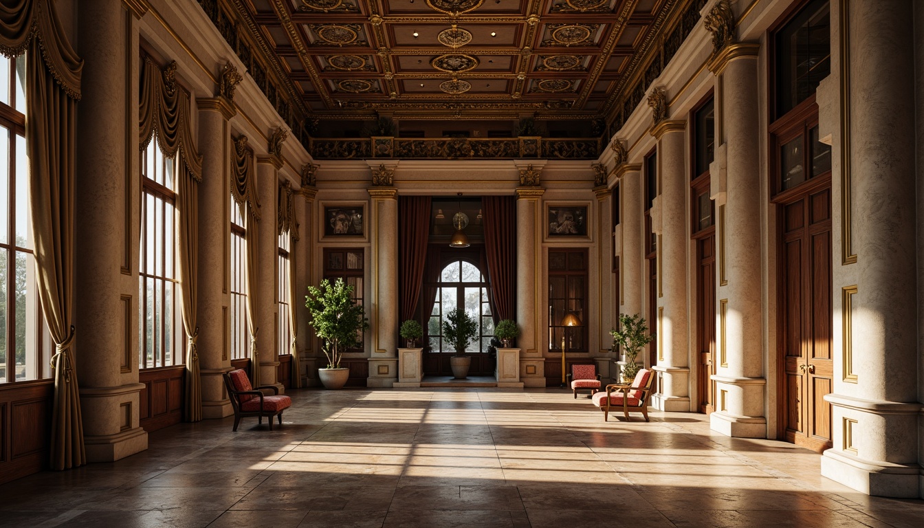 Prompt: Ornate classical columns, smooth marble textures, intricately carved wooden panels, rustic stone walls, grandiose arches, ornamental metalwork, delicate ceramic tiles, luxurious velvet drapes, regal golden accents, dramatic spotlighting, warm ambient lighting, 1/2 composition, symmetrical framing, realistic reflections, subtle noise texture, detailed normal mapping.