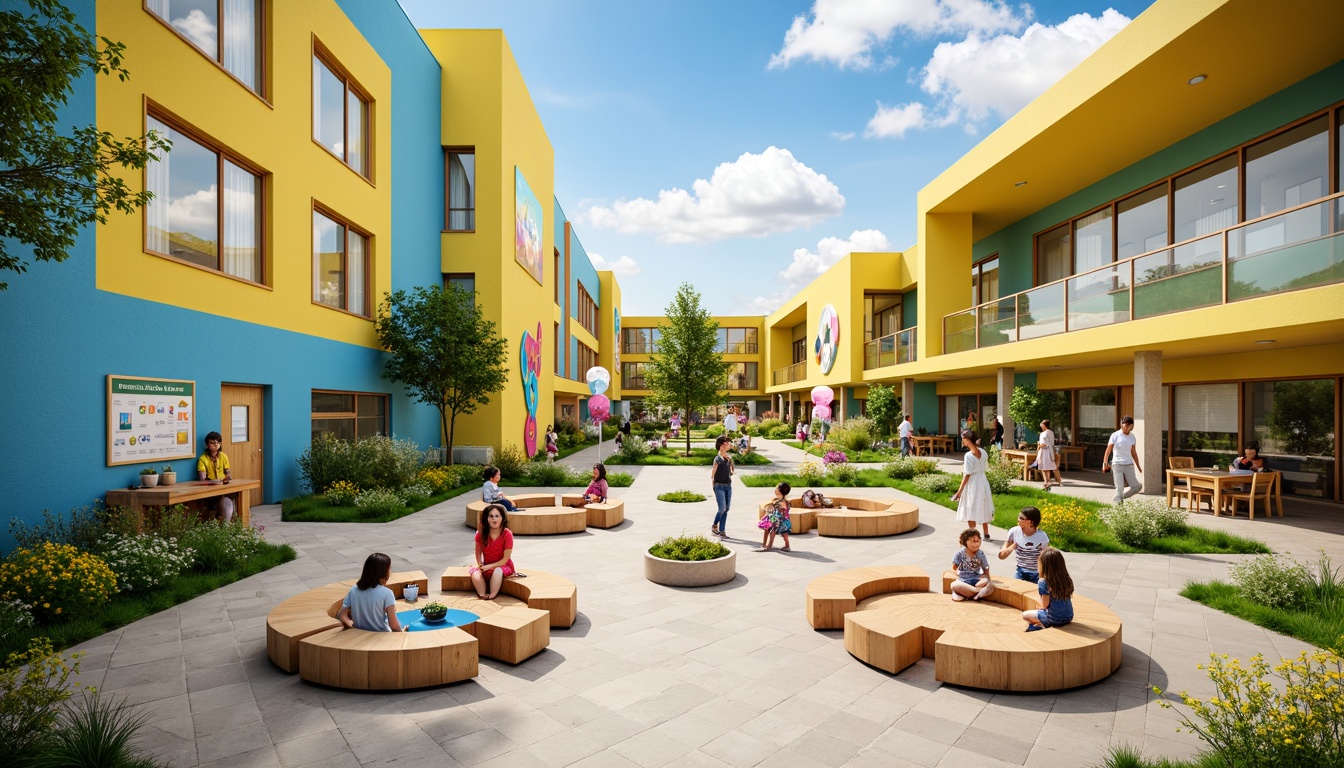 Prompt: Vibrant elementary school, bright color scheme, yellow accents, blue walls, green murals, playful patterns, educational charts, wooden furniture, natural textiles, soft cushions, circular tables, collaborative learning spaces, modern architecture, large windows, transparent glass doors, blooming flowers, sunny day, warm lighting, shallow depth of field, 3/4 composition, panoramic view, realistic textures, ambient occlusion.