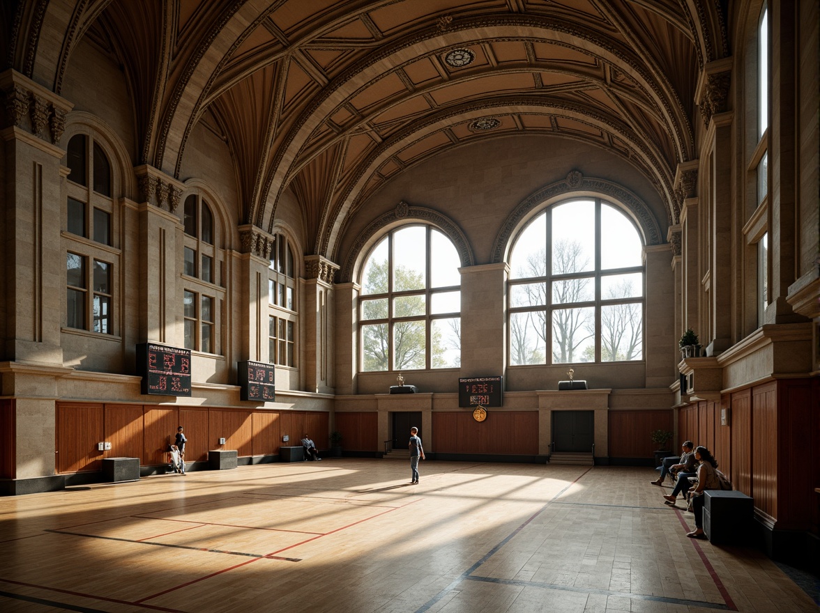 Prompt: Grand Renaissance gymnasium, imposing stone arches, ornate carvings, high ceilings, large windows, natural light, athletic equipment, wooden floors, vintage scoreboard, nostalgic atmosphere, warm color palette, subtle lighting, 3/4 composition, shallow depth of field, realistic textures, ambient occlusion.