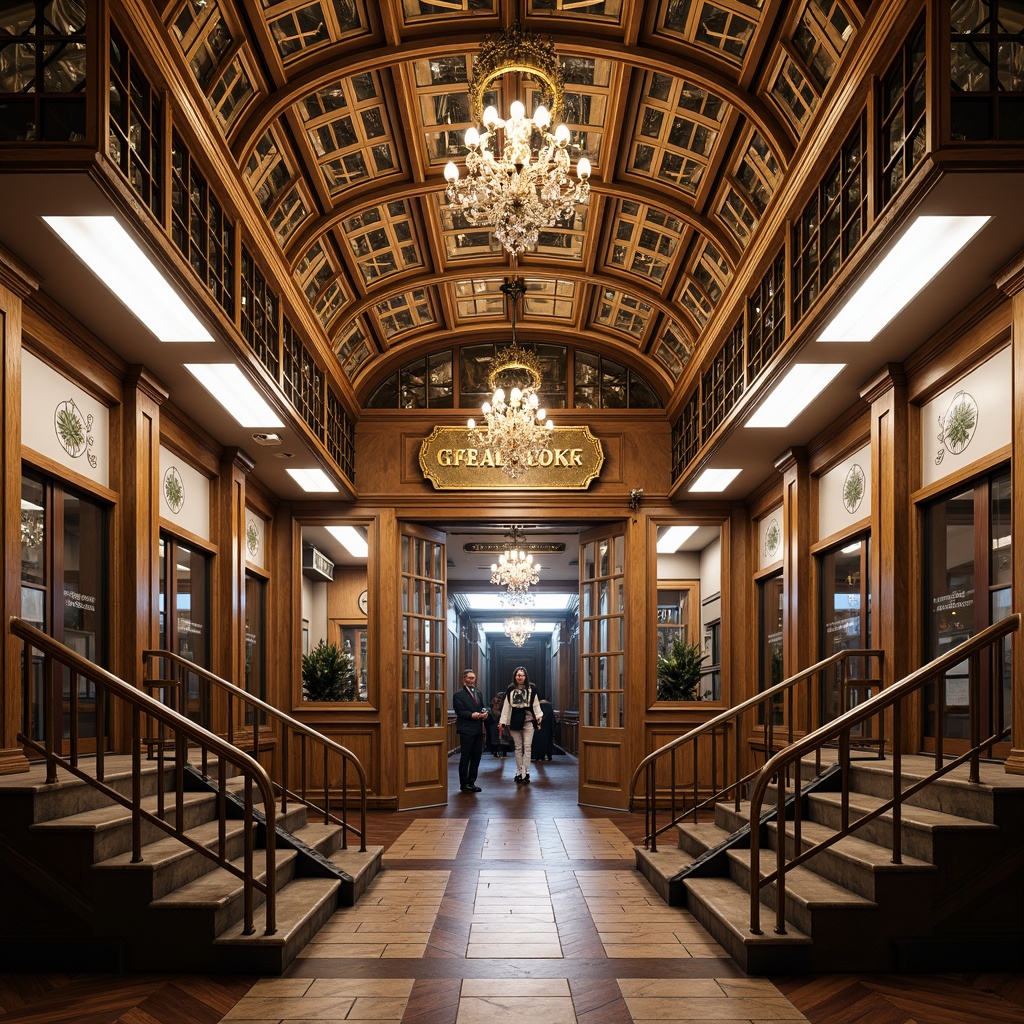 Prompt: Luxurious tram station, ornate metallic fixtures, geometric patterned ceilings, lavish chandeliers, polished marble floors, intricate ironwork railings, vintage-inspired signage, opulent wooden accents, curved lines, sunburst motifs, zigzag patterns, chrome-plated details, soft warm lighting, shallow depth of field, 1/1 composition, symmetrical framing, ornate architectural elements, metallic latticework, grand staircases, sophisticated color palette.