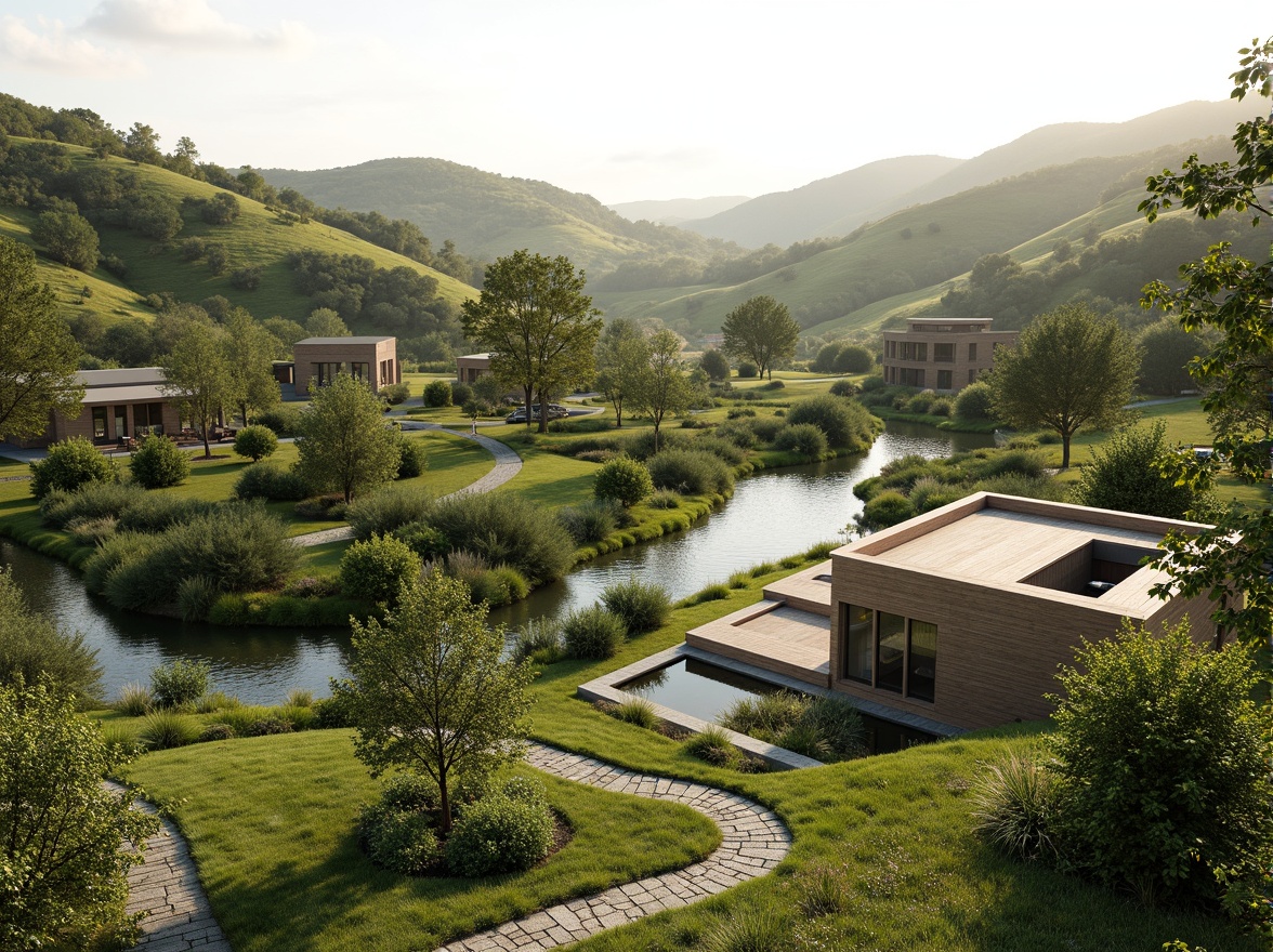 Prompt: Harmonious landscape integration, rolling hills, lush greenery, serene water features, walking trails, natural stone pathways, modern architectural design, sleek lines, eco-friendly materials, sustainable building practices, large windows, glass doors, panoramic views, soft warm lighting, shallow depth of field, 3/4 composition, realistic textures, ambient occlusion.