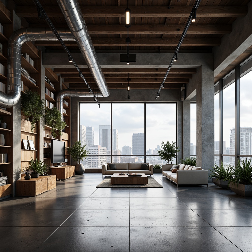 Prompt: Exposed ductwork, polished concrete floors, industrial-style lighting fixtures, reclaimed wood accents, metal beams, urban loft atmosphere, modern minimalist design, functional simplicity, neutral color palette, raw textures, brutalist architecture, converted warehouses, cityscape views, cloudy day, soft diffused lighting, shallow depth of field, 1/1 composition, symmetrical framing, realistic renderings, ambient occlusion.